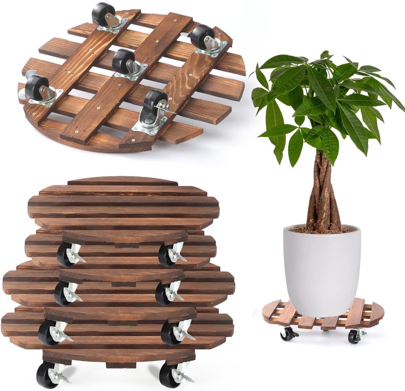 PRAQECZ 4 Pack Plant Caddy with 5 Wheels, Wood Rolling Plant Stand 220 LB Heavy Duty, Plant Dolly with Metal 360° Lockable Caster Wheels for Outdoor Indoor Large Plant Pots, Flower Pot, Patio (14"+14"+12"+12") - Image 1
